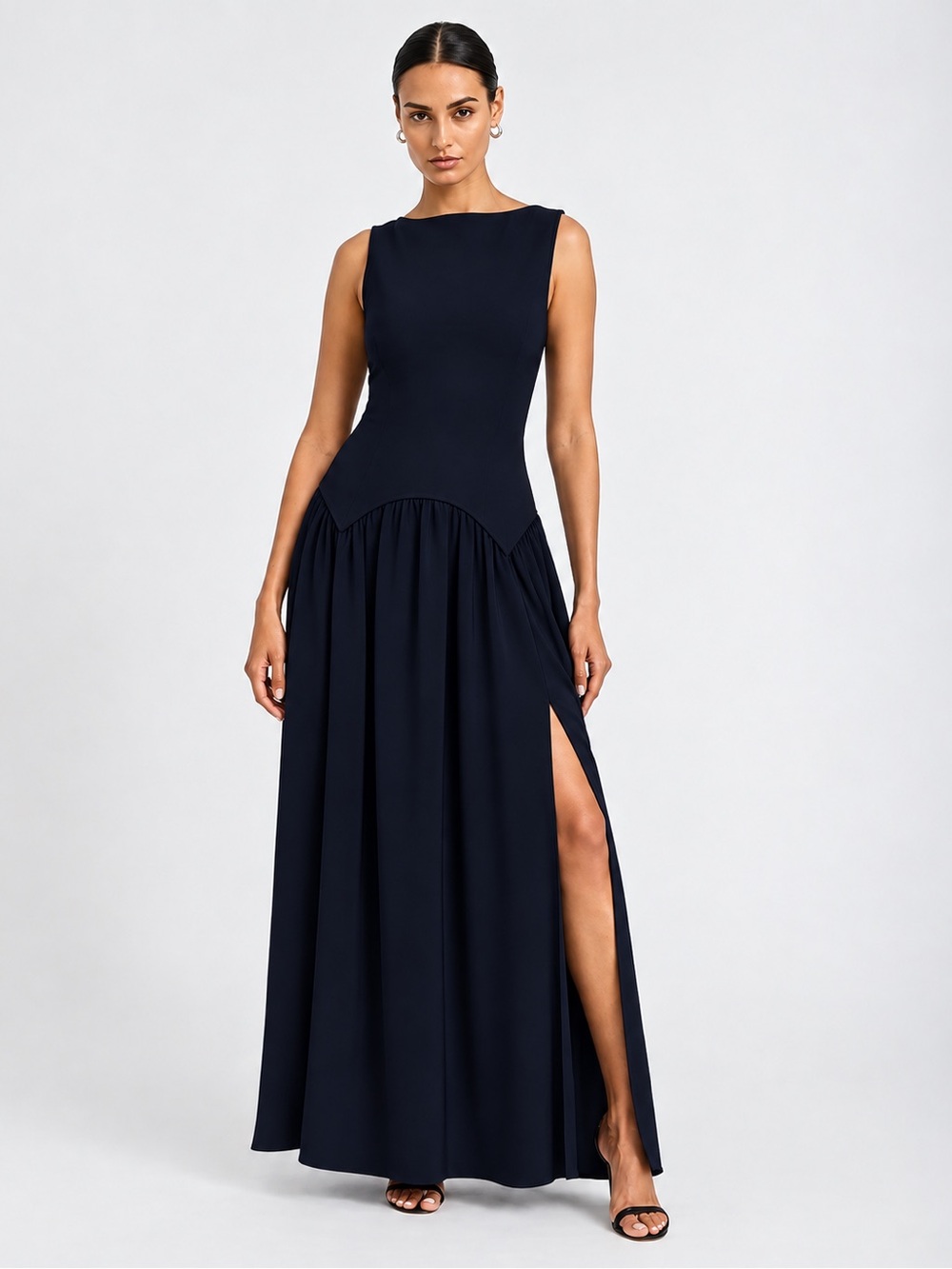 Express Color Block Boat Neck Drop Waist Maxi Dress with Pockets large